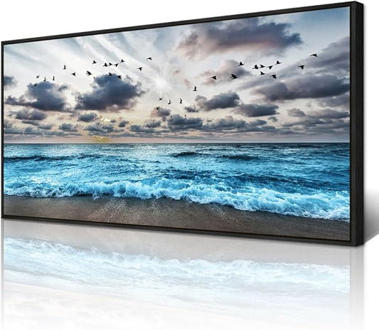 Wapluam Black Framed Canvas Wall Art For Living Room Large Wall Decoration For Bedroom Office Wall Decor Black And White Wall Painting Blue Sea Wave Pictures Artwork Modern Hotel Room Home Wall Art