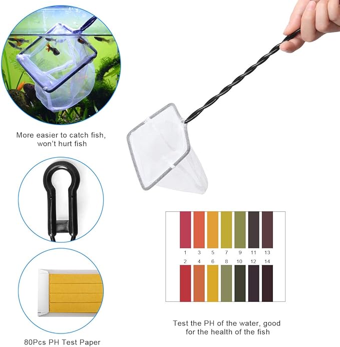 7 in 1 Aquarium Aquascape Tool Kit 15 inch, Aquatic Plant Extra Long Aquascaping Tool for Aquarium Fish Tanks Clean Accessories Set with Silver Tweezer Scissor Spatula, Fish Net, PH Paper, Bag