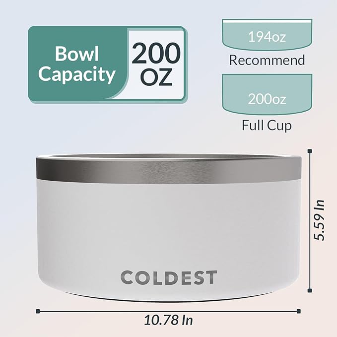Coldest Dog Bowl - Anti Rust Metal, Non Slip, 3 Layers Insulated Stainless Steel Dog Bowls - Spill Proof & Heavy Duty - Water Bowl for Dogs, Cats & Pets, Dish Washer Safe (200 oz, Epic White)