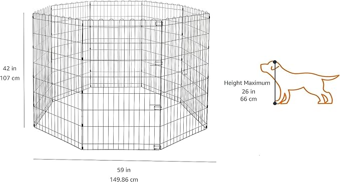 Amazon Basics Foldable Octagonal Metal Exercise Dog Playpen - Indoor/Outdoor, No Door, Large (8 Panels, 24 x 42), Easy to assemble, store, and customize, 42" - Large, Black