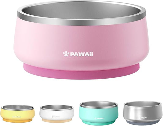 Pawaii Stainless Steel Dog Bowl with Non-Slip Rubber Base & Double Wall Insulation - Durable Design | Includes ID Tag | Dishwasher Safe Food & Water Bowl for All Dogs (34oz)