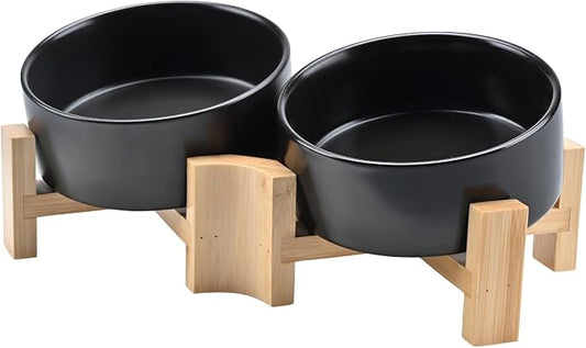 SPUNKYJUNKY 15° Slanted Ceramic Dog and Cat Bowl with Wooden Stand, Tilted Bulldog Food and Water Bowl No Slip Non-Spill for Cats Medium Dogs Big Face Pets 13.5 OZ (1.7 Cups, Black × 2)