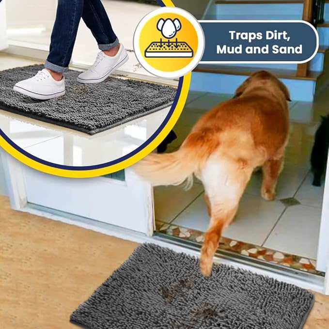 Muddy Mat® AS-SEEN-ON-TV Highly Absorbent Microfiber Door Mat and Pet Rug, Non Slip Thick Washable Area and Bath Mat Soft Chenille for Kitchen Bathroom Bedroom Indoor and Outdoor - Grey 3ft x 8ft
