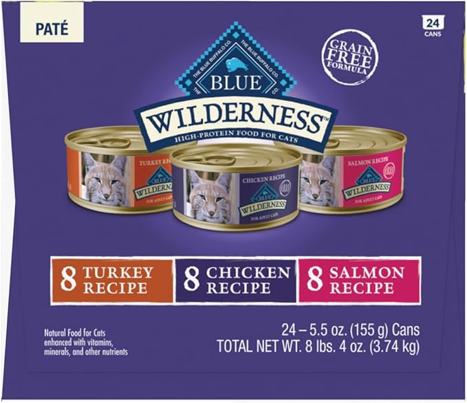 Blue Buffalo Wilderness High Protein, Natural Adult Pate Wet Cat Food Variety Pack, Chicken, Salmon, Turkey 5.5-oz can (24 count - 8 of Each Flavor)