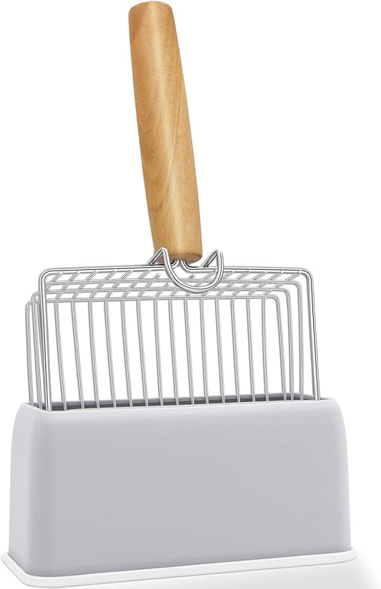 UFECODO Fast Sifting Cat Litter Scoop with Holder Stand, Stainless Steel Poop Scooper with Ergonomic Wood Handle, Heavy Duty and Easy Clean