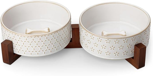 MALACASA Dog Bowl Set with Walnut Wood Stand, 3.5 Cups Ceramic Pet Bowls for Puppy Dogs, Dual Food and Water Bowls with Non-Slip Base, Basic Bowls for Your Dog or Cat, Five-Leaf Grass & Honeycomb