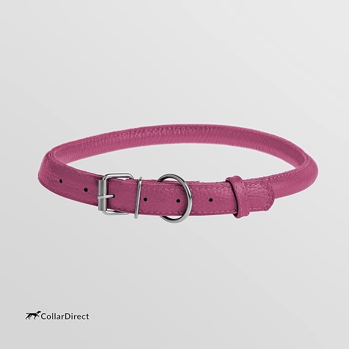 CollarDirect Rolled Leather Dog Collar, Soft Padded Round Puppy Collar, Handmade Genuine Leather Collar Dog Small Large Cat Collars 13 Colors (11-14 Inch, Pink Textured)