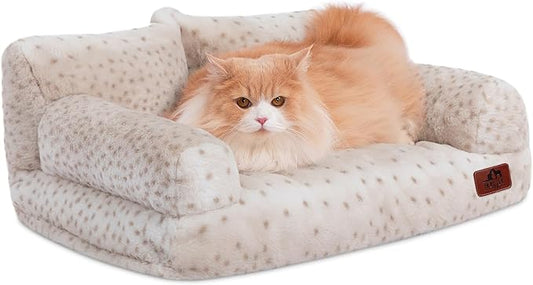 Hollypet Fluffy Plush Dog Cat Pet Couch Soft Calming Sofa Bed for Medium Small Cats and Dogs, Leopard