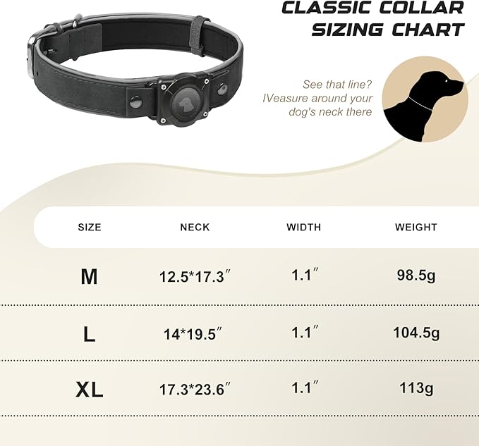 AirTag Dog Collar - Leather Dog Collar with Air Tag Holder | IPX8 Waterproof, Reflective, High - End, Adjustable Soft Padded | Dog GPS Tracker Collars Fit for Medium Large Dogs (Black, M)