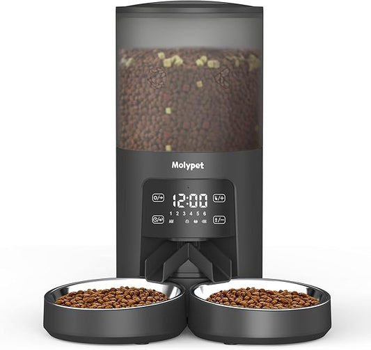 Automatic Cat Feeders - 6L Cat Food Dispenser with Double Bowls, Programmable Timed Feeder for Up to 6 Meals per Day with 10S Voice Recorder, Supports Dual Power Supply