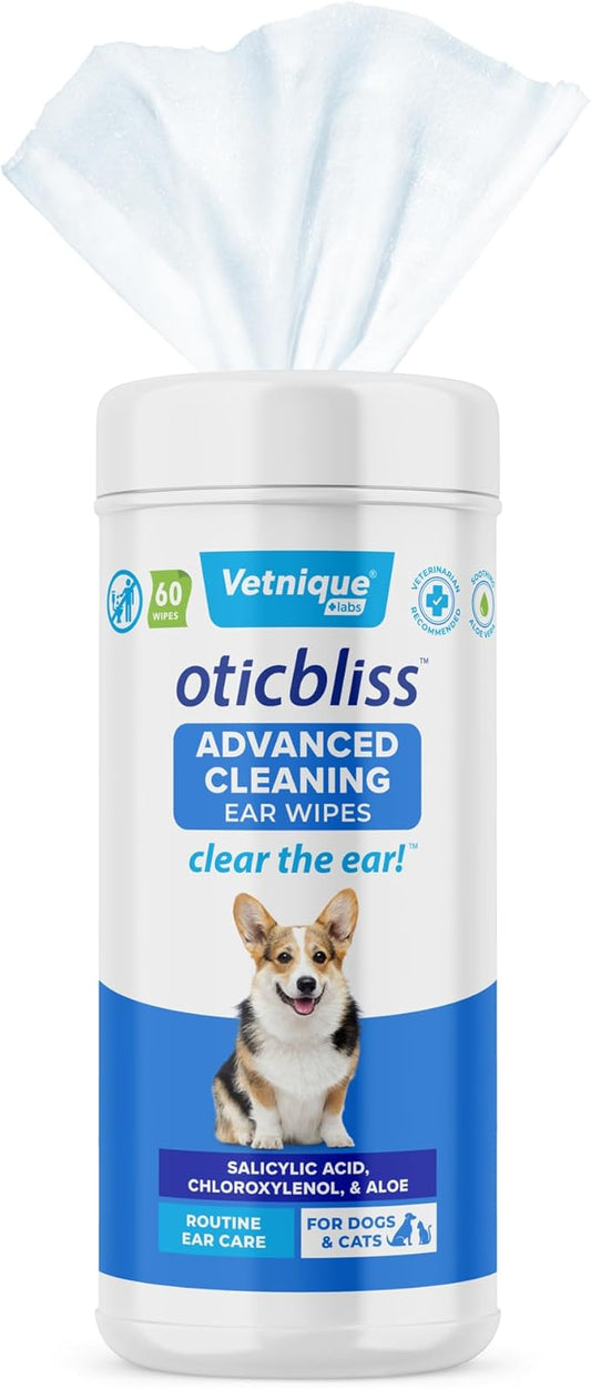 Vetnique Oticbliss Advanced Cleaning Ear Wipes for Dogs for Odor Control, Dirt and Wax Removal with Soothing Aloe Vera, Salicylic Acid & Vitamin E, (Ear Cleaning Wipes, Advanced Cleaning Large)