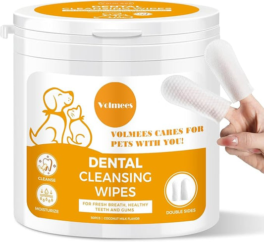Pet Dental Finger Wipes for Dogs and Cats, Dog Teeth Cleaning Wipes, Dog Dental Care Wipes, Reduce Plaque & Tartar Buildup, Freshen Breath, Cleaner Mouth, Coconut Scent, 50Pcs