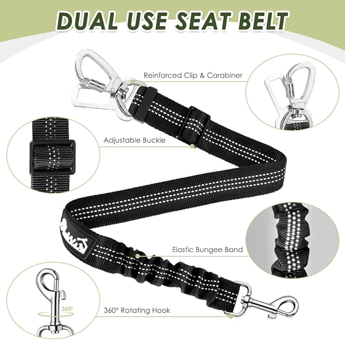 Lukovee Dog Seat Belt for Car, Adjustable Dog Car Harness for Large Medium Small Dogs, Soft Padded & Breathable Mesh Dog Seatbelt with Car Strap and Carabiner(Lime Green Double Clip,Medium)