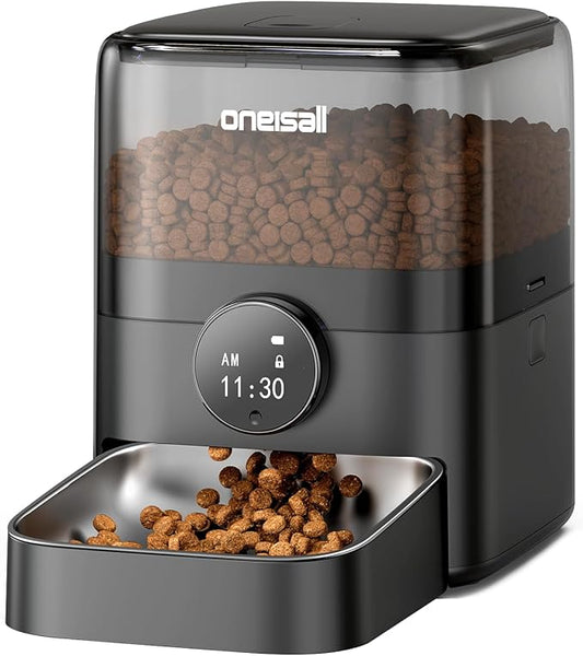 oneisall Automatic Cat Feeder for Large Kibble and Snacks, 12 Cups/3L Timed Pet Feeder for Cats Indoor, Programmable Dry Food Dispenser (Black)