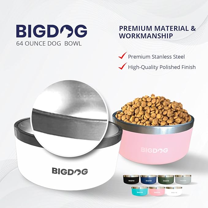 BIGDOG Stainless Steel Dog Bowl, 64 Ounces, Light Blue, Spill Proof Dog Bowl for Large Dogs
