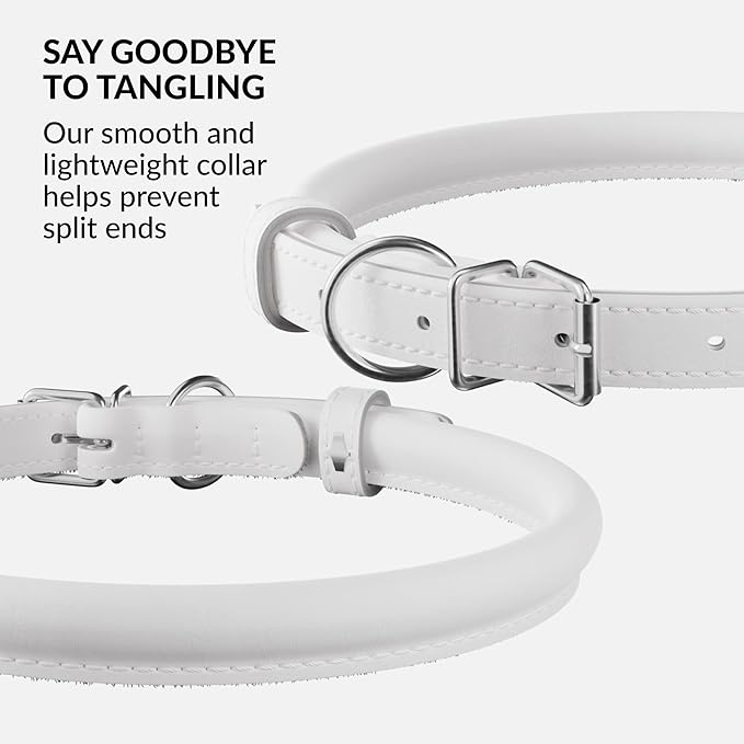 CollarDirect Rolled Leather Dog Collar, Soft Padded Round Puppy Collar, Handmade Genuine Leather Collar Dog Small Large Cat Collars 13 Colors (6 Inch, White Smooth)