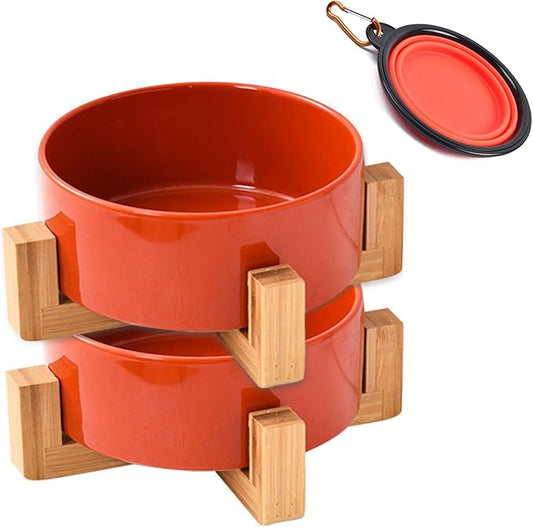 Petygooing Ceramic Dog Bowl Set with Stand,Small Dog Bowls,Cat Dog Food and Water Bowl,Anti -Slip Set of 2 Cat Dog Bowls-Dog Food Bowls- Dog Bowls Small Size Dog 13.5 OZ (5.1In / 1.7 Cups) Rust Red
