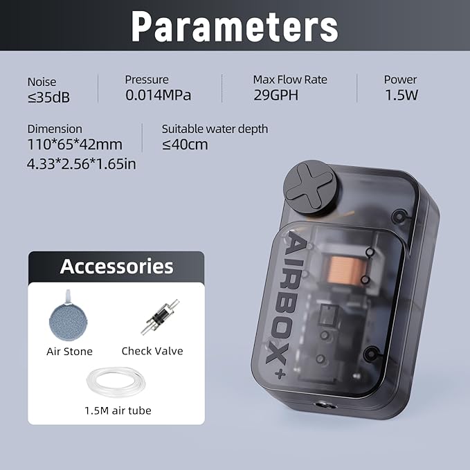 Aquarium Air Pump,Ultra-Quiet/Small Size/More Output Air Pump for Fish Tank 1.5w/29GPH/14Kpa,with Air Stone Bubbler,Adjustable Airflow,Single Outlet Suitable for 20-40 Gallon Fish Tank