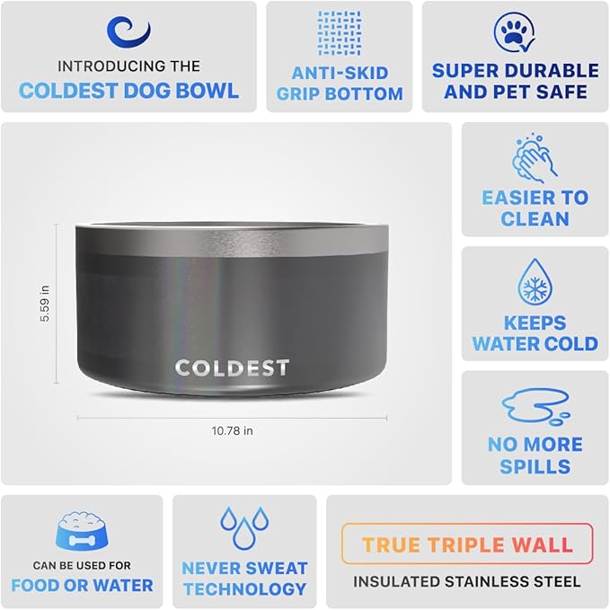 Coldest Dog Bowl - Anti Rust Metal, Non Slip, 3 Layers Insulated Stainless Steel Dog Bowls - Spill Proof & Heavy Duty - Water Bowl for Dogs, Cats & Pets, Dish Washer Safe (200 oz,Stardust Glitter)