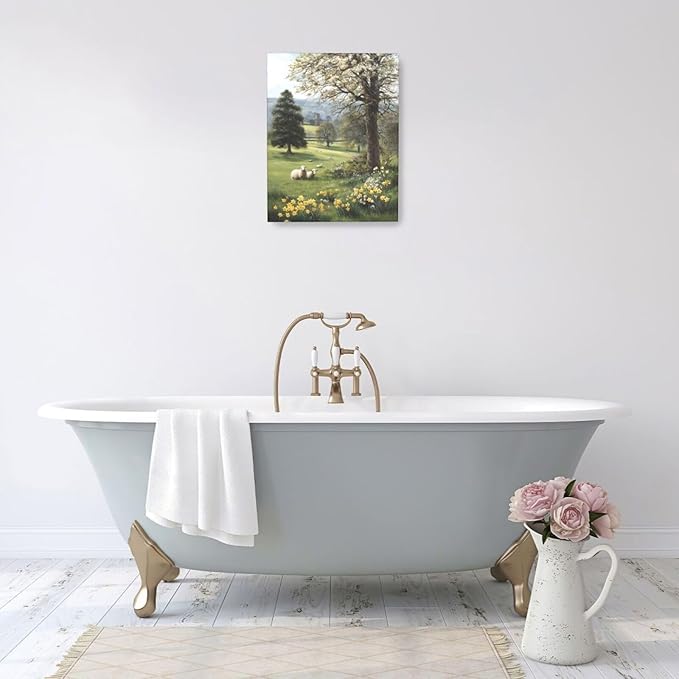 Country Sheep Canvas Wall Decor Farmhouse Rustic Lamb Wildflower Wall Art Nature Countryside Landscape Pictures Painting Print Framed Artwork Decorations for Bathroom Living Room Bedroom 16"x20"