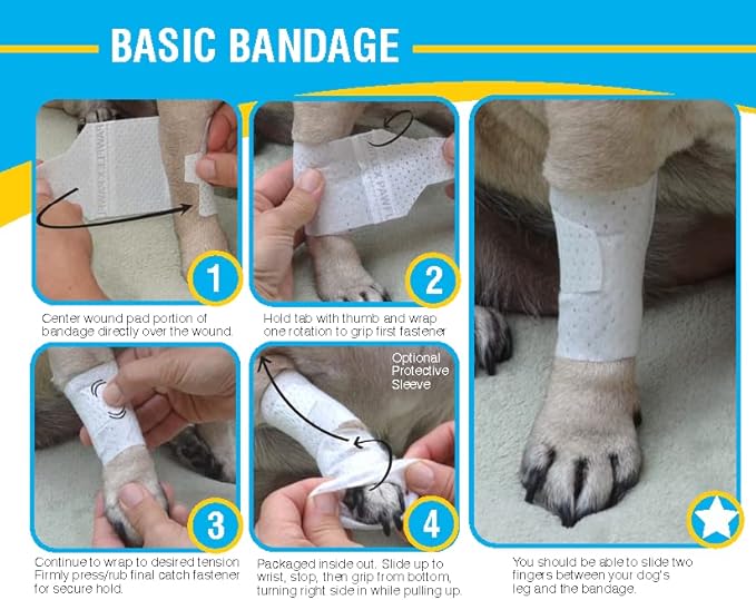 Basic Leg Bandages for Dogs, Cats, Pets -First- aid Non Adhesive Fur Friendly, Soft Stretch Wound Care, hot Spots, Fungus, Adjustable Fastening Strap Value Pack (LG/XL 12-Pack)