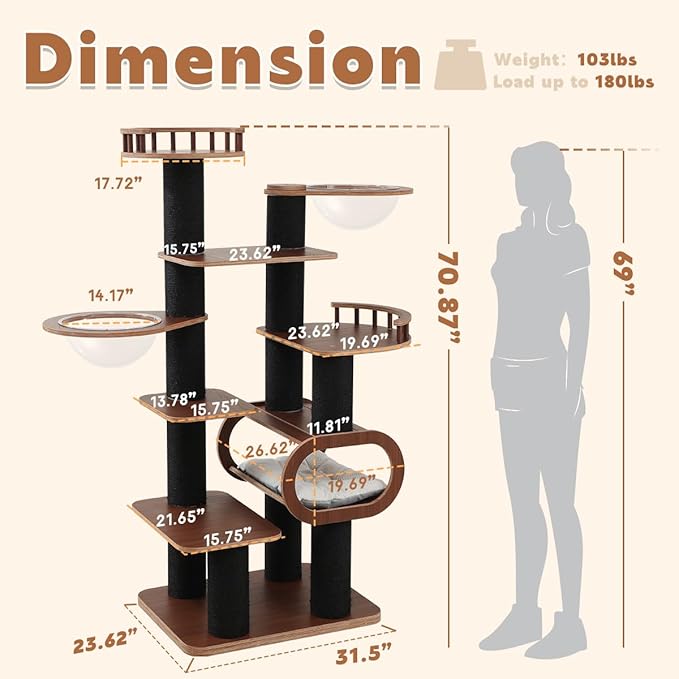 70.9'' Black Cat Tree for Indoor Cats Large Adult, Heavy Duty Cat Tower with Scratching Post, Modern Kitty Tree with Removable Mats, Semi-closed Condo and Transparent Bowl, Wooden Luxury Cat Furniture