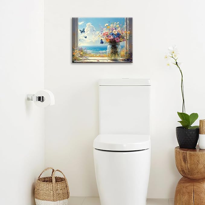 Beach Floral Bathroom Pictures Wall Art, Colorful Flower Bathroom Wall Decor, Coastal Ocean Framed Painting Canvas Artwork for Bedroom Living Room Decorations 16"L x 12"W