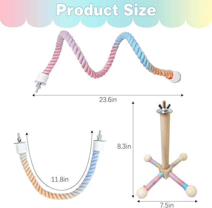 BNOSDM Bird Rope Perch with Stand Perch Toy Set Bendable Rope Perches Wooden Spinning Exercise Wheel Toy Parrot Cage Accessories for Parakeets, Conures, Lovebirds, Budgies, Cockatiels (Rainbow Color)