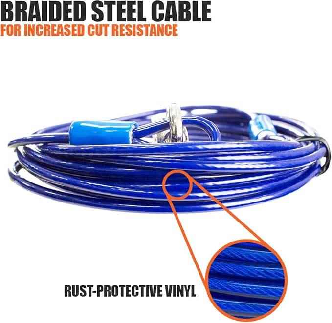 BV Dog Tie Out Cable 25 Feet - Heavy Duty Dog Lead Up to 60 Pounds - Reflective & Rust-Free with Quick Release Swivel Clips & 360° Rotating Clasp - Tangle-Free Dogs Runner for Yard (Blue, Single)