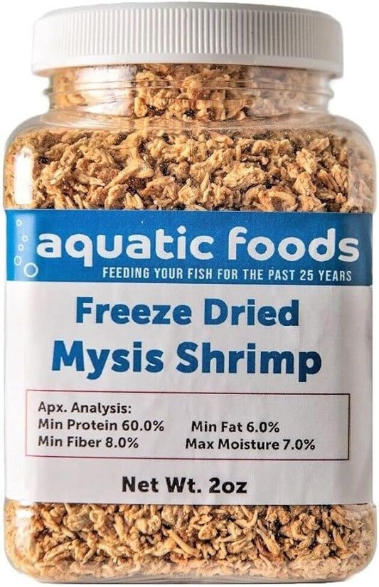 Aquatic Foods Inc. Mysis Shrimp-Freeze Dried Floating Small Mysis Shrimp for All Tropical Fish, Marines, Baby Turtles, Baby Koi & Ponds…2oz Small Jar