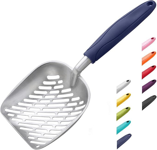 WePet Cat Litter Scoop, Aluminum Alloy Sifter, Kitty Metal Scooper, Deep Shovel with Diagonal Sifting Hole, Long Handle, Kitten Poop Lifter for Litter Box, Large Size, Blue Handle