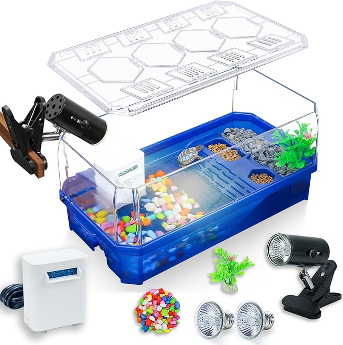 Aquatic Turtle Tank Habitat Kit Stone+Filter+Heat Lamp Enhancing Interaction with 360° Viewing, Standalone Filtration, DIY Creative Zone, Enriched Living (Blue, Medium[with Light])