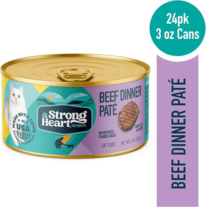 A Strong Heart Canned Wet Cat Food, Beef Dinner Paté - 3 oz Cans (Pack of 24), Made in The USA with Real Beef