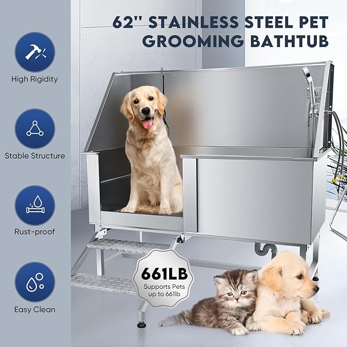 62" Pet Dog Bathing Station,Professional Stainless Steel Dog Grooming Tub,Pet Bathing Tub Dog Bathing Station with Faucet Walk-in Ramp Accessories,Commercial or Household use, (Extra Large)