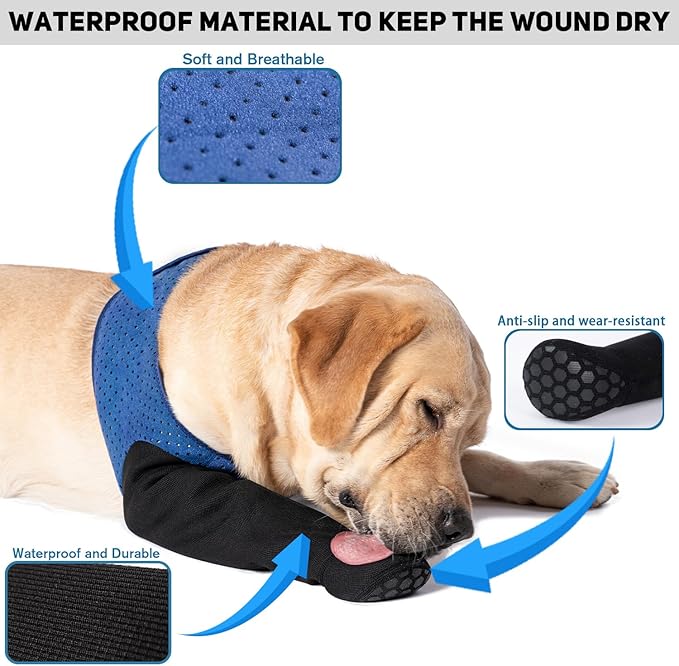 COODEO Dog Socks to Prevent Licking Paws, Healing Boots & Paw Protectors with Non-Slip Bottoms for Wound Protection, Waterproof Sleeve Shoes for Licking（Blue，L_Right