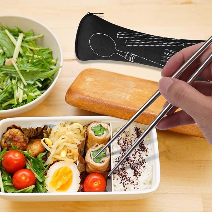 3 Pack Reusable Flatware Sets Knife, Fork, Spoon, Chopsticks, 12Pcs Portable Travel Stainless Steel Tableware Dinnerware with Carrying Case