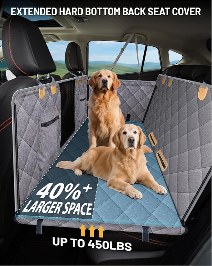 Back Seat Extender for Dog, Waterproof Dog Car Seat Cover for Back Seat, Hard Bottom Car Seat Cover, Large Space Hammock for Full-Size Crewcab Trucks, Pet Seat Cover Holds 450lbs(Grey)
