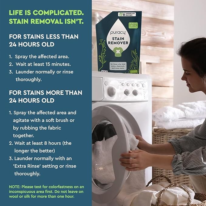 Puracy Stain Remover Cleaning Spray - Enzyme-Powered Stain Removal Spray As Seen on TikTok, Natural Travel Spot Remover for Clothes (Unscented, 48 fl oz + 16 fl oz)