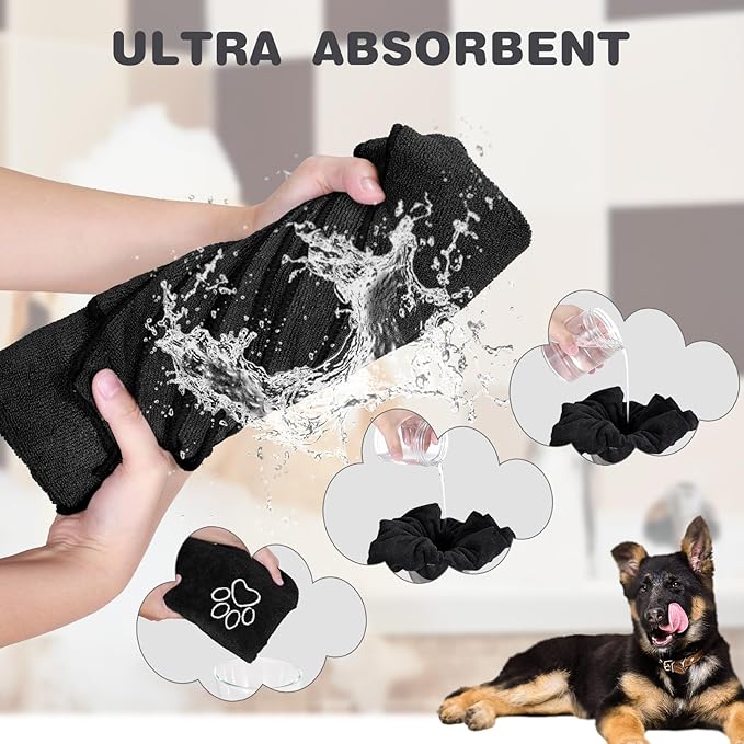 Chumia 4 Pack Dog Towels for Drying Large Microfiber Grooming Tools Absorbent Soft Bath Supplies with Embroidered Paw for Small Medium Pet Products(16 x 32 Inch,Gray, Black)