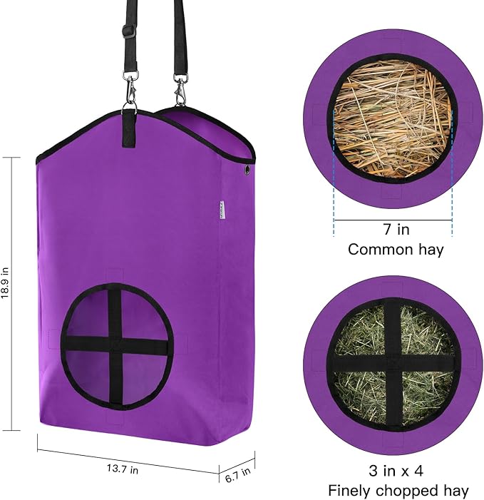 3 Packs Goat Hay Feeder,Hay Bags for Goats,Horses,Sheep,Premium 600D Oxford Cloth,with Metal Fastener and Adjustable Open Feed Hole for Slow Feeding. (2Purple + 1Black)