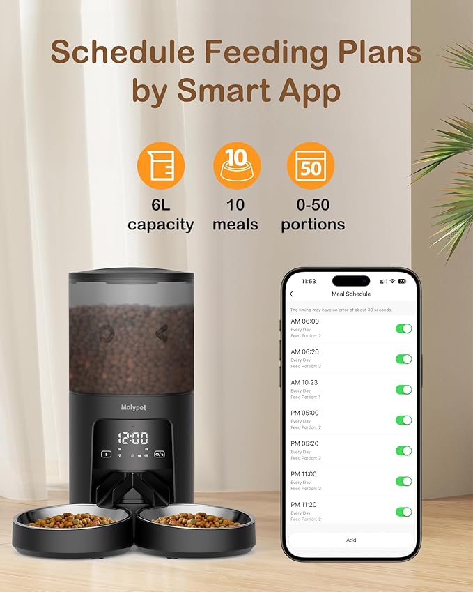 Automatic Cat Feeder 2 Cats - 5G WiFi Pet Feeder with APP Control, 6L Dry Food Dog Feeder with Blockage Alarms, 1-10 Meals Per Day