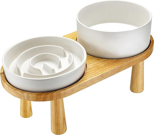 Ceramic Slow Feeder and Water Bowl Set for Small Dogs, Ceramic Dog Bowls Elevated with Wooden Stand, 0.6 Cups Dog Slow Feeder(14oz) and 30oz Water Bowl Set, White