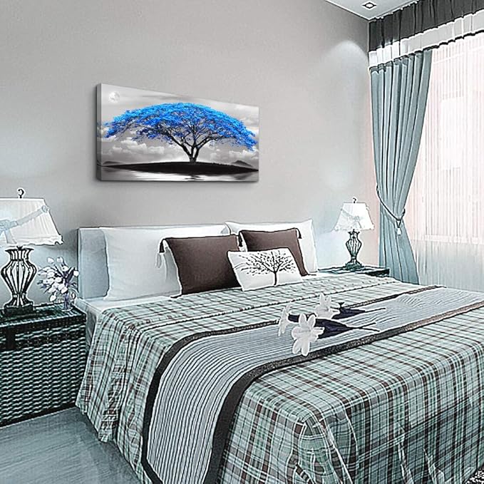 canvas wall art for living room bathroom Wall Decor Black and white landscape Blue tree moon painting to Hang Home Decorations for office bedroom kitchen Works canvas Prints pictures 24" x 48"inch