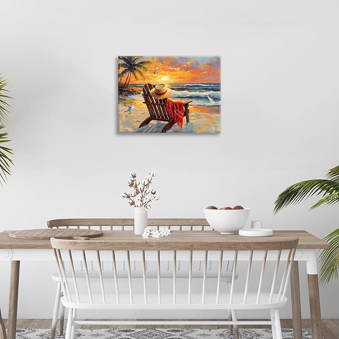 Beach Coastal Bathroom Pictures Wall Art, Seaside Ocean Bathroom Wall Decor, Sunrise Palm Framed Painting Canvas Artwork for Bedroom Living Room Decorations 20"L x 16"W