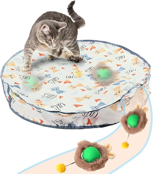 Rocfish Interactive Cat Toys Ball - Automatic Fast Rolling Ball in Play Mat, Hide and Seek Mouse Catching Game, Low-Noise Cat Enrichment Toys in Pouch for Indoor Bored Cats (Green Toy & Round Mat)