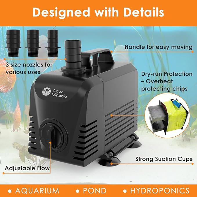 AquaMiracle Submersible Water Pump Aquarium Water Pump with Flow Control, Pond Pump Fountain Pump for Pond, Fountain, Waterfall, Statuary, Water feature, Hydroponics (800GPH, 55W)