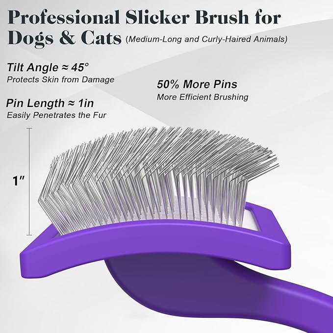2PCS Slicker Brush for Dogs & Pet Comb,Professional Dog Grooming Brush (Goldendoodles,Poodles,Labradoodles) with Extra Long Pins to Effectively Remove Tangles, Knots and Mats (Purple)