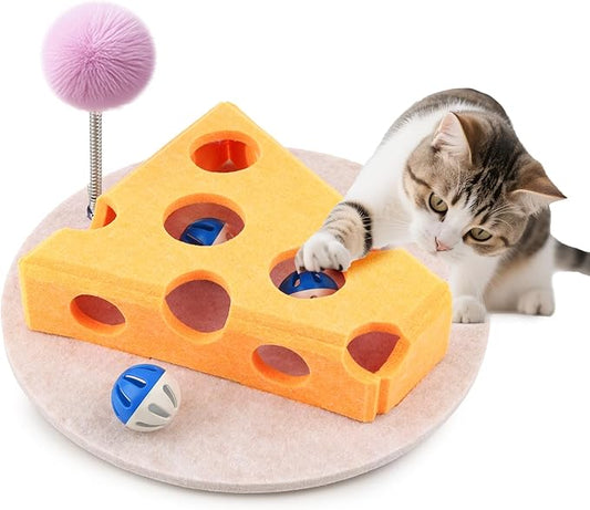 Interactive Cat Puzzle Toy for Indoor Cats & Kittens - Fun Track Balls & Spring Teaser in Stimulating Felt Puzzle Box (Yellow) - Mental Enrichment Game
