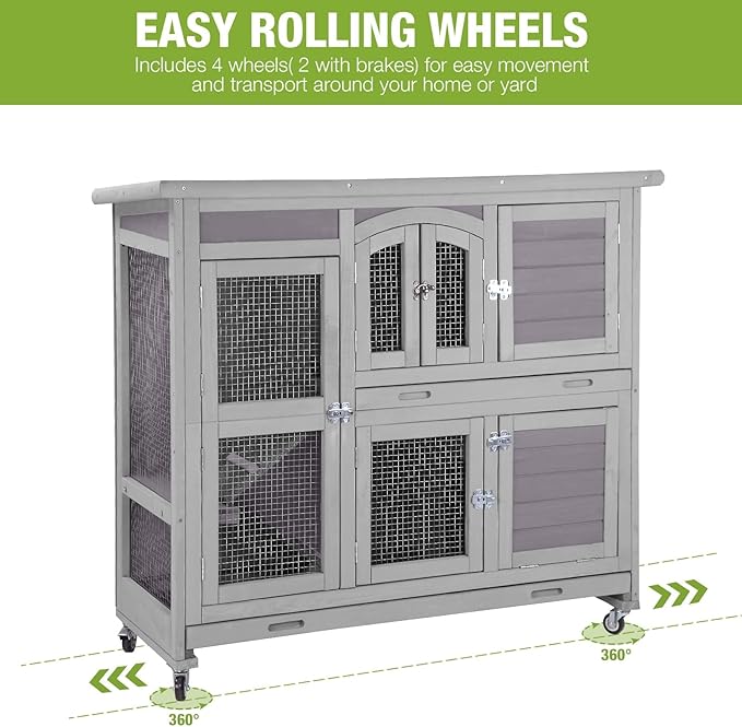 GUTINNEEN Guinea Pig Cage 2 Story Indoor Rabbit Hutch Outdoor Bunny House with Wheels and Leakproof Tray 47" L