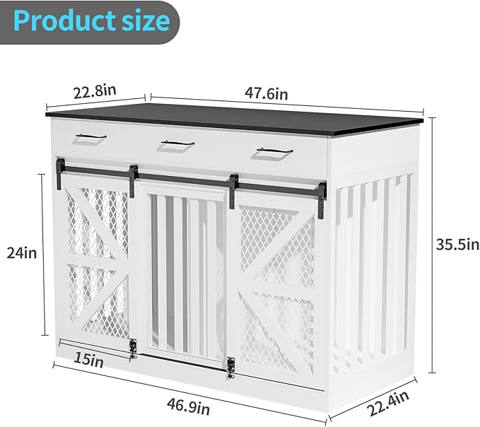 48'' Dog Crate Furniture with Divider&Storage Drawers, Wooden Double Dog Kennel Furniture End Table with Sliding Barn Doors, White Double Dog Crate TV Stand